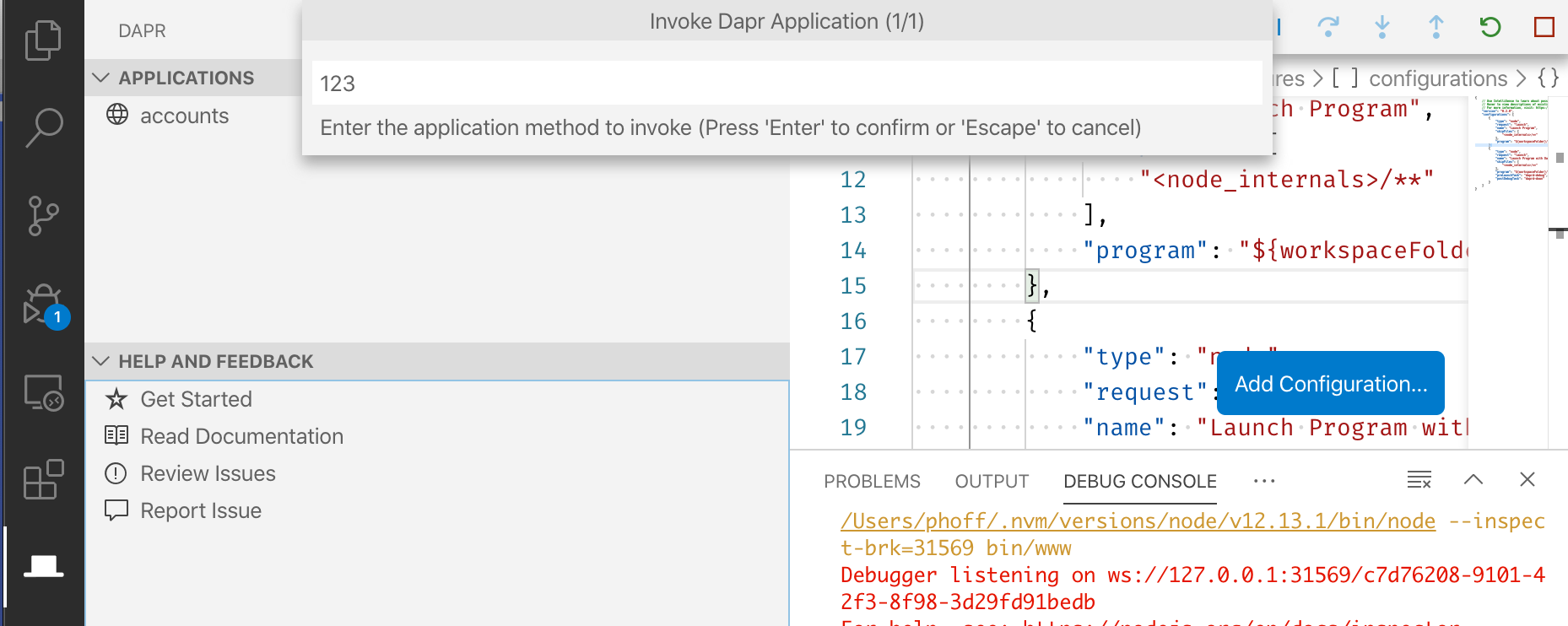 Screenshot of the Dapr VSCode extension invoke option